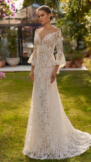 Vestido de novia Aire Barcelona UMINA de encaje con manga francesa